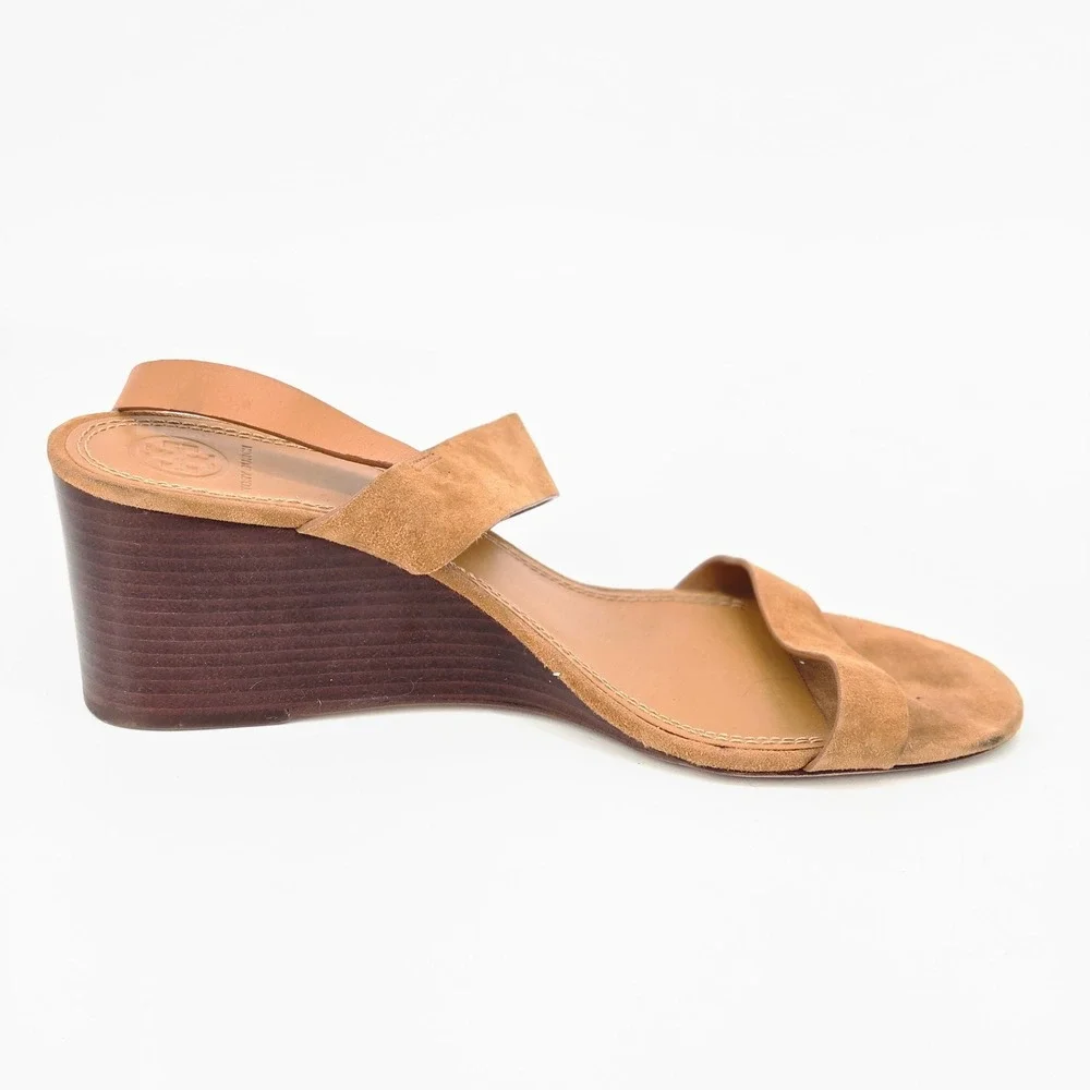 Tory Burch Mini Benton 65mm Wedge Sandal Kid Suede Amaretto Brown Women Size 10M